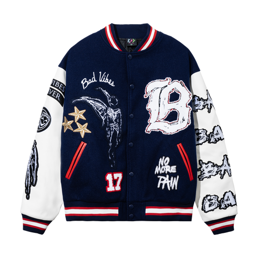 NO MORE PAIN LETTERMAN JACKET NAVY/WHITE