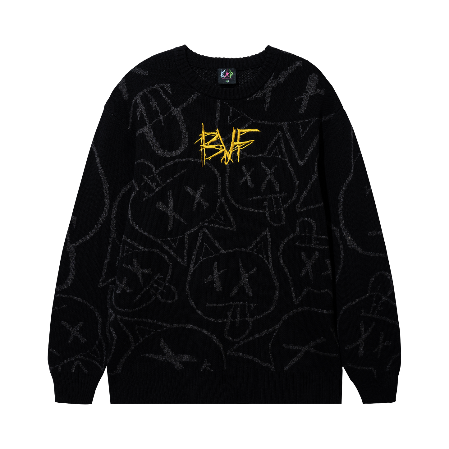 CAT EMBROIDERED KNIT SWEATER BLACK/HEATHER GREY