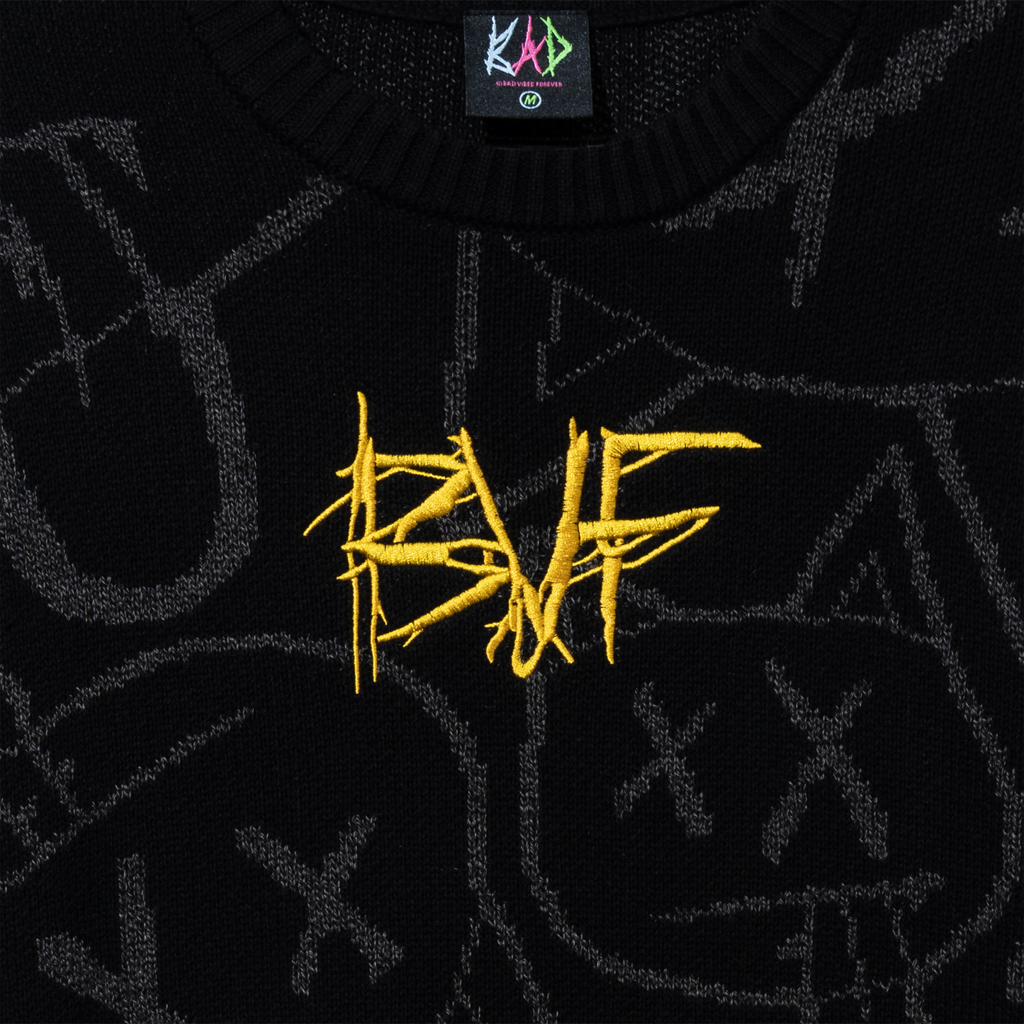 CAT EMBROIDERED KNIT SWEATER BLACK/HEATHER GREY